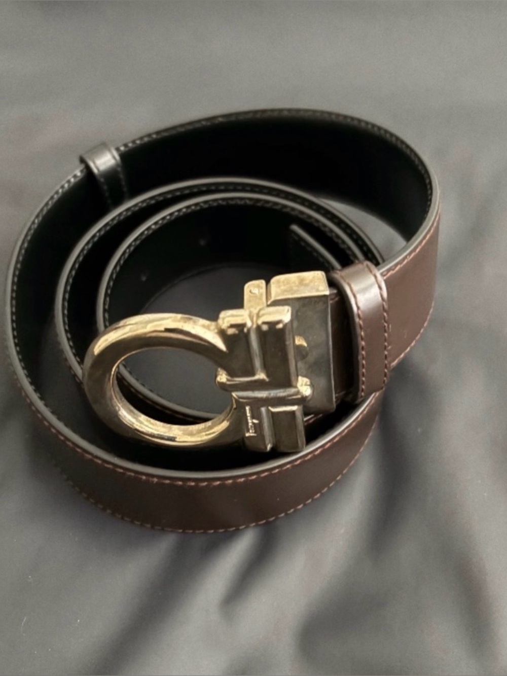 Salvatore Ferragamo black and brown reversible Leather Belt with silver buckle